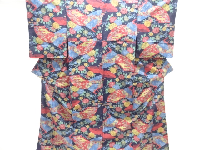 Hand-woven SILK pongee kimono with woven fan and floral pattern